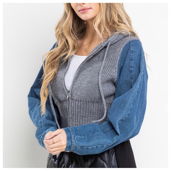 Rib Knit and Denim Contrast Crop Hoodie Jacket - Picture 4 of 6